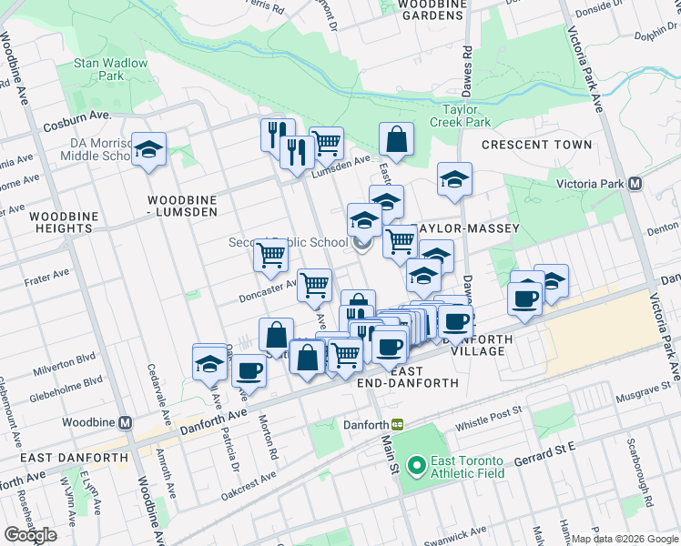 map of restaurants, bars, coffee shops, grocery stores, and more near 75 Doncaster Avenue in Toronto