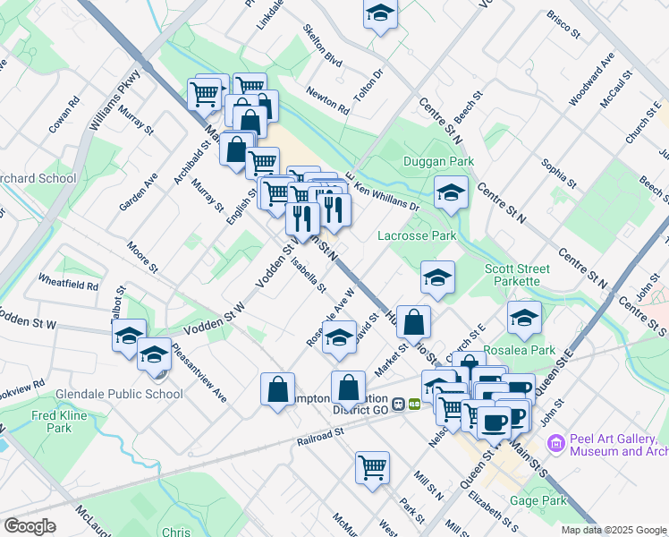 map of restaurants, bars, coffee shops, grocery stores, and more near 281 Main Street North in Brampton