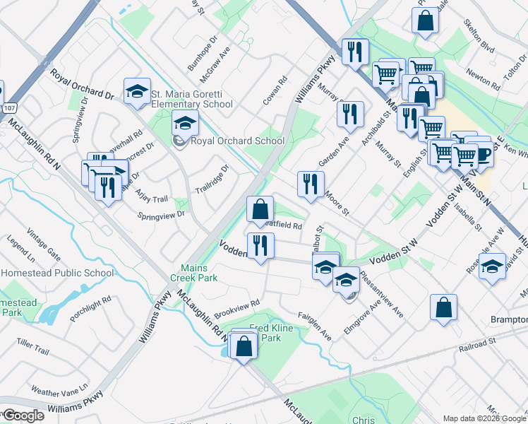 map of restaurants, bars, coffee shops, grocery stores, and more near 77 Martindale Crescent in Brampton