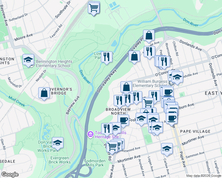 map of restaurants, bars, coffee shops, grocery stores, and more near 16 Fernwood Gardens in Toronto