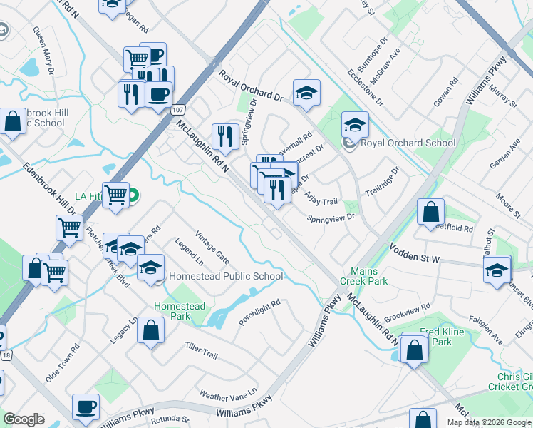 map of restaurants, bars, coffee shops, grocery stores, and more near 9800 McLaughlin Road North in Brampton
