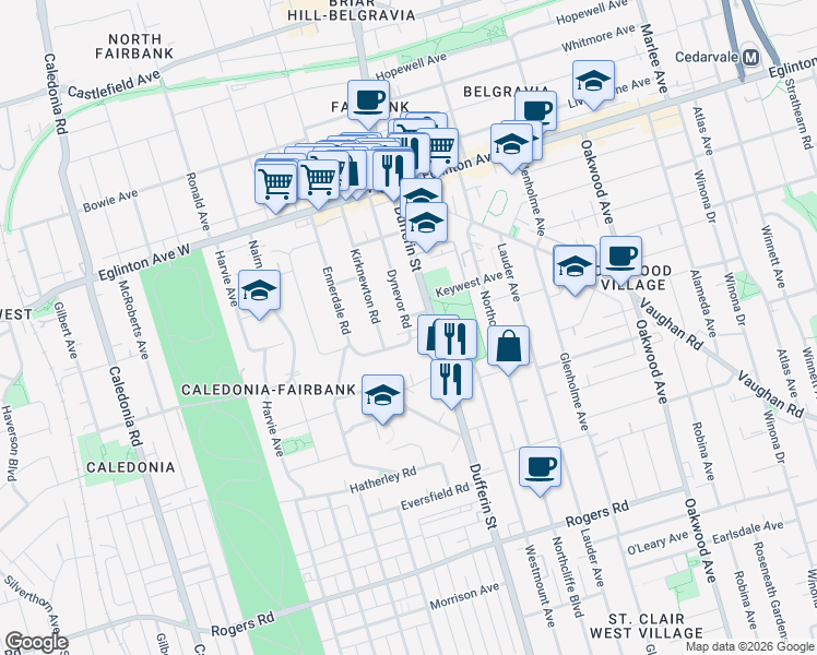 map of restaurants, bars, coffee shops, grocery stores, and more near 65 Dynevor Road in Toronto