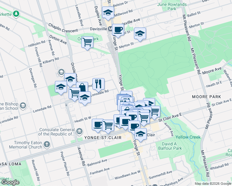 map of restaurants, bars, coffee shops, grocery stores, and more near 48 Lawton Boulevard in Toronto