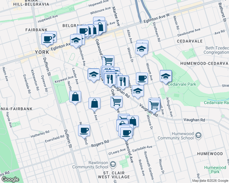map of restaurants, bars, coffee shops, grocery stores, and more near 481A Oakwood Avenue in Toronto