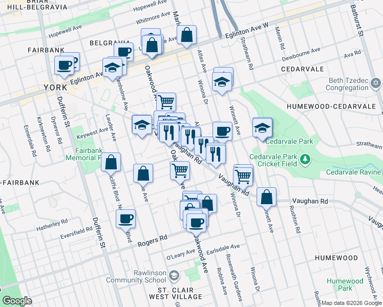 map of restaurants, bars, coffee shops, grocery stores, and more near 571 Vaughan Road in Toronto