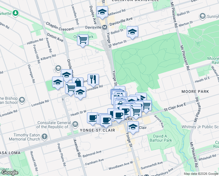 map of restaurants, bars, coffee shops, grocery stores, and more near in Toronto