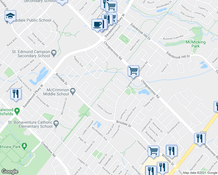 map of restaurants, bars, coffee shops, grocery stores, and more near 44 Baha Crescent in Brampton