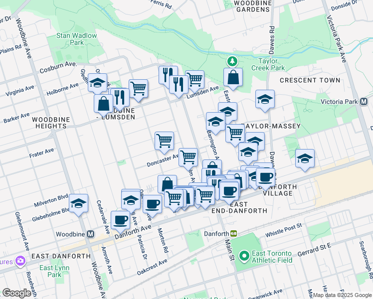 map of restaurants, bars, coffee shops, grocery stores, and more near 135 Chisholm Avenue in Toronto