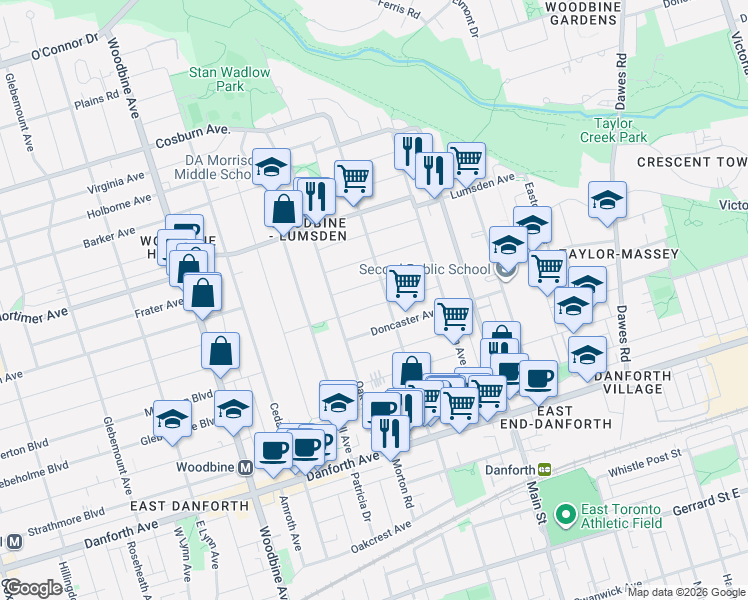 map of restaurants, bars, coffee shops, grocery stores, and more near 26 Epsom Avenue in Toronto