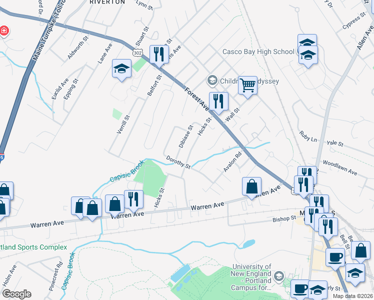 map of restaurants, bars, coffee shops, grocery stores, and more near 32 Dibiase Street in Portland