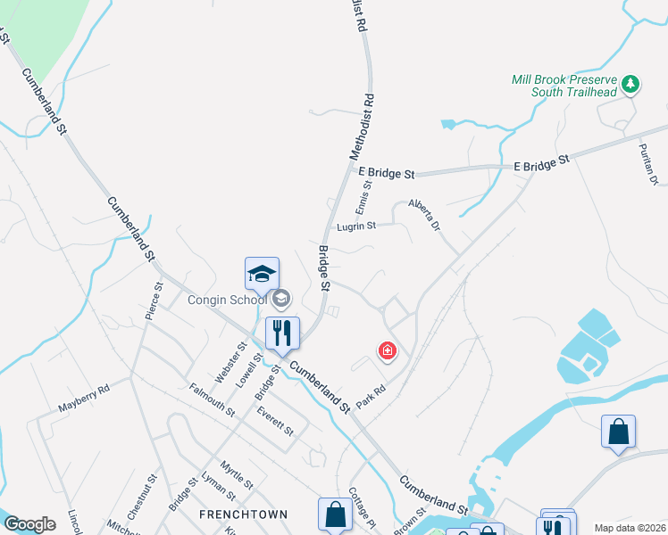 map of restaurants, bars, coffee shops, grocery stores, and more near 524 Bridge Street in Westbrook