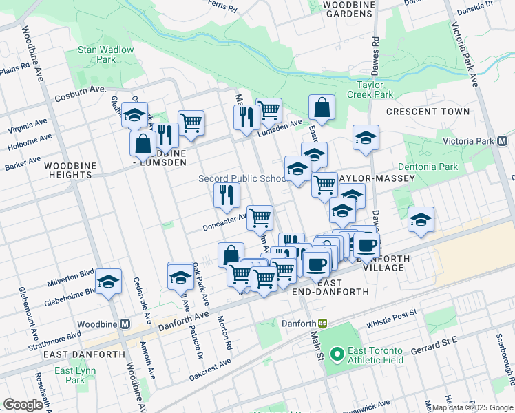 map of restaurants, bars, coffee shops, grocery stores, and more near 142 Chisholm Avenue in Toronto