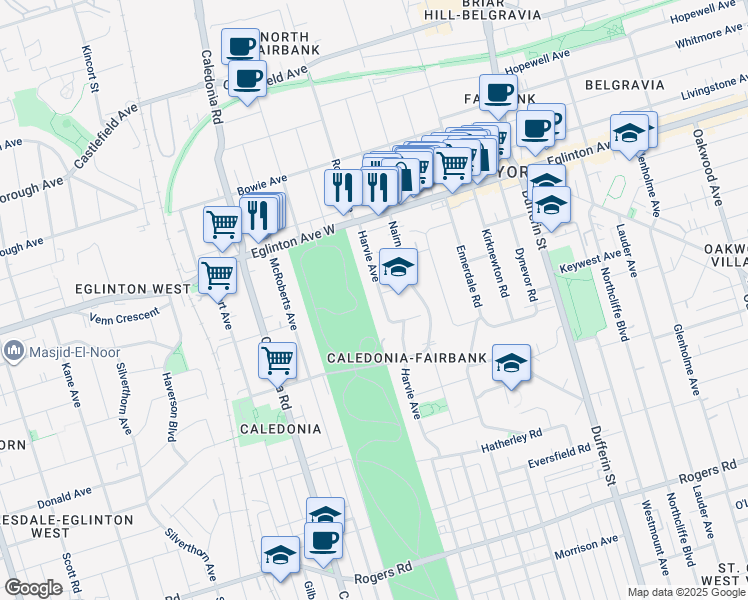map of restaurants, bars, coffee shops, grocery stores, and more near in Toronto