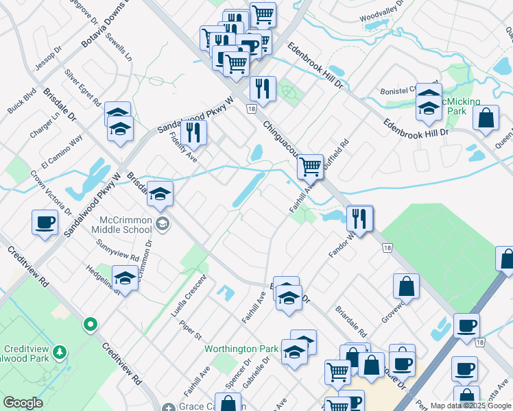 map of restaurants, bars, coffee shops, grocery stores, and more near 42 Baha Crescent in Brampton