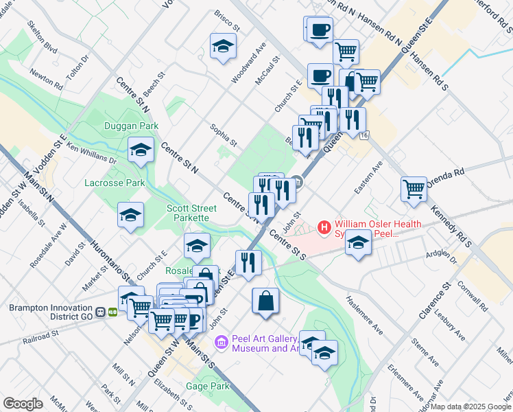 map of restaurants, bars, coffee shops, grocery stores, and more near in Brampton