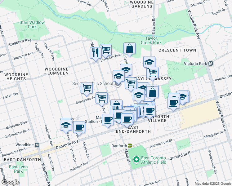 map of restaurants, bars, coffee shops, grocery stores, and more near 96 Barrington Avenue in Toronto