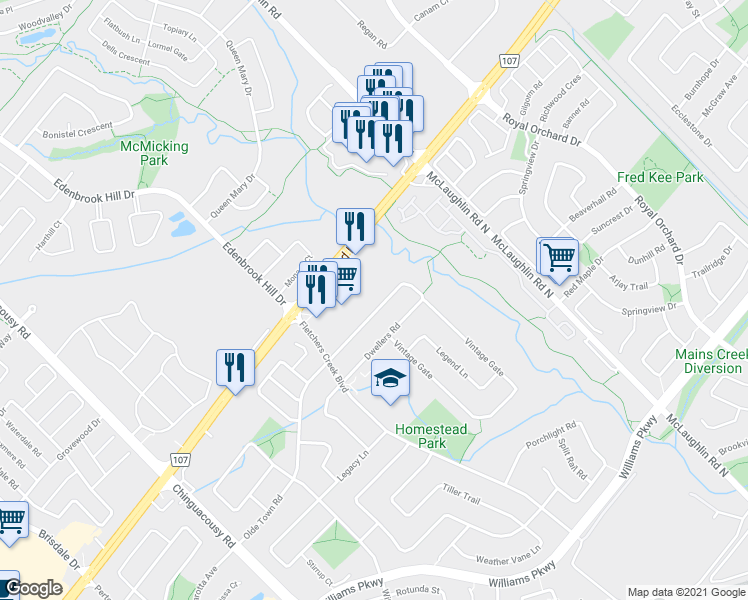 map of restaurants, bars, coffee shops, grocery stores, and more near 68 Vintage Gate in Brampton