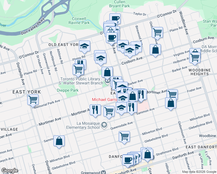 map of restaurants, bars, coffee shops, grocery stores, and more near 92 Durant Avenue in Toronto