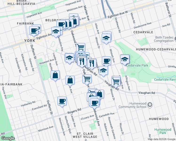 map of restaurants, bars, coffee shops, grocery stores, and more near in Toronto
