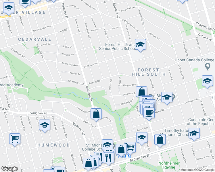 map of restaurants, bars, coffee shops, grocery stores, and more near 42 Glenayr Road in Toronto