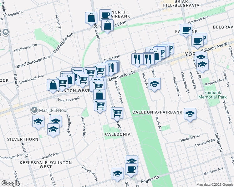 map of restaurants, bars, coffee shops, grocery stores, and more near 610 McRoberts Avenue in Toronto