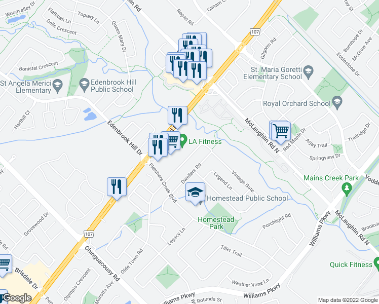 map of restaurants, bars, coffee shops, grocery stores, and more near 72 Vintage Gate in Brampton