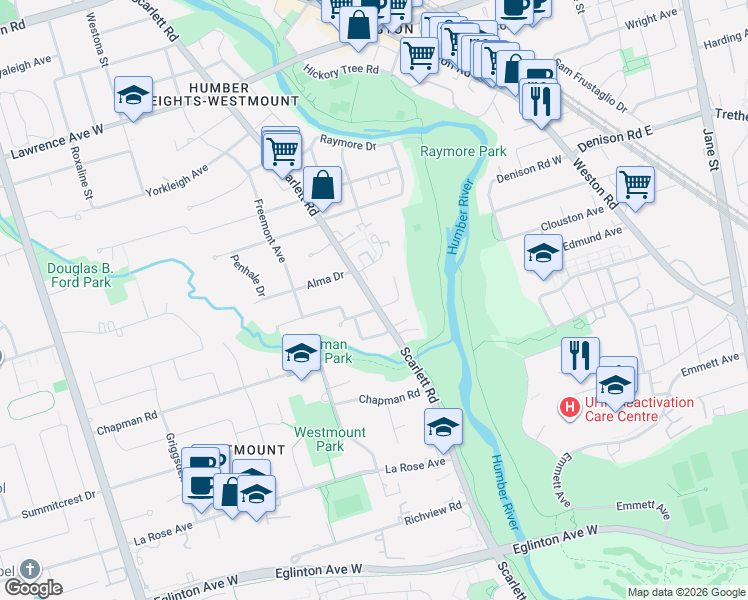 map of restaurants, bars, coffee shops, grocery stores, and more near 593A Scarlett Road in Toronto