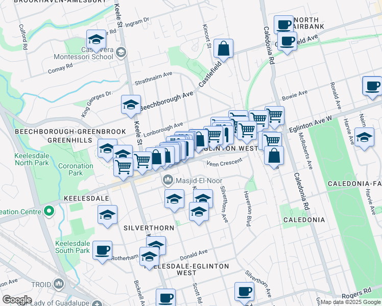 map of restaurants, bars, coffee shops, grocery stores, and more near 2 Glenhaven Street in Toronto
