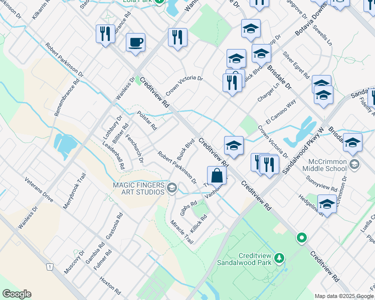 map of restaurants, bars, coffee shops, grocery stores, and more near 125 Buick Boulevard in Brampton