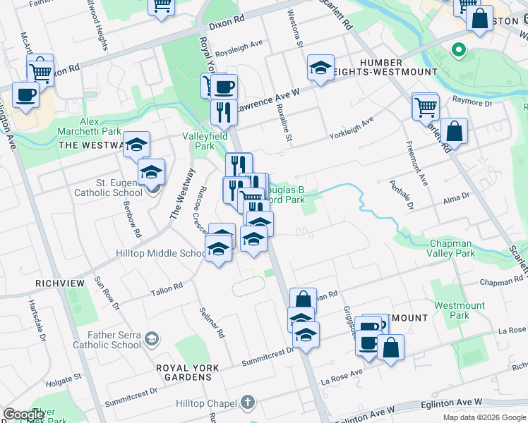 map of restaurants, bars, coffee shops, grocery stores, and more near 1 Weston Wood Road in Toronto