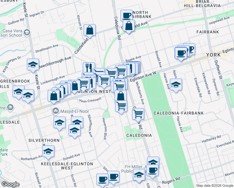 map of restaurants, bars, coffee shops, grocery stores, and more near 500 Gilbert Avenue in Toronto