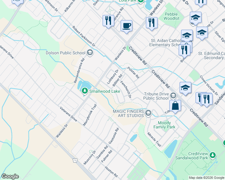 map of restaurants, bars, coffee shops, grocery stores, and more near Leadenhall Road in Brampton