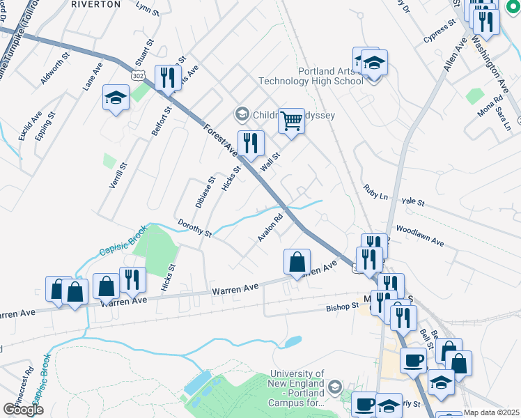 map of restaurants, bars, coffee shops, grocery stores, and more near 1390 Forest Avenue in Portland