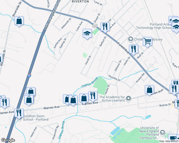 map of restaurants, bars, coffee shops, grocery stores, and more near 144 Belfort Street in Portland