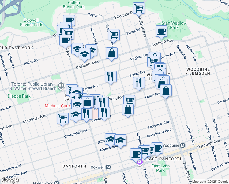 map of restaurants, bars, coffee shops, grocery stores, and more near in Toronto