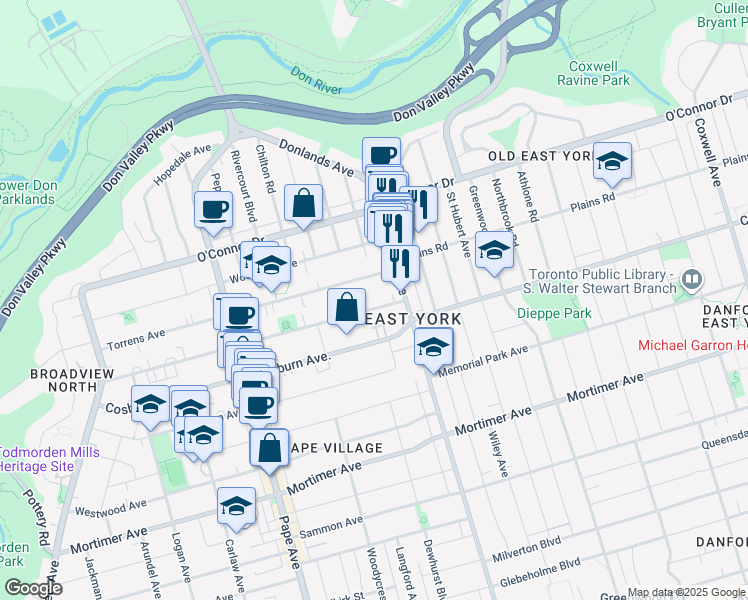 map of restaurants, bars, coffee shops, grocery stores, and more near 241 Torrens Avenue in Toronto