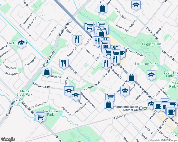 map of restaurants, bars, coffee shops, grocery stores, and more near 45 English Street in Brampton
