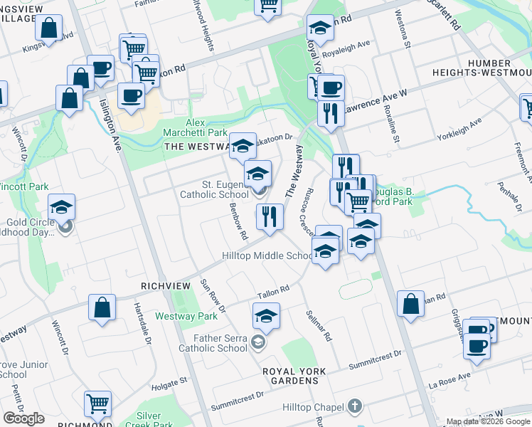 map of restaurants, bars, coffee shops, grocery stores, and more near 15 Westroyal Road in Toronto