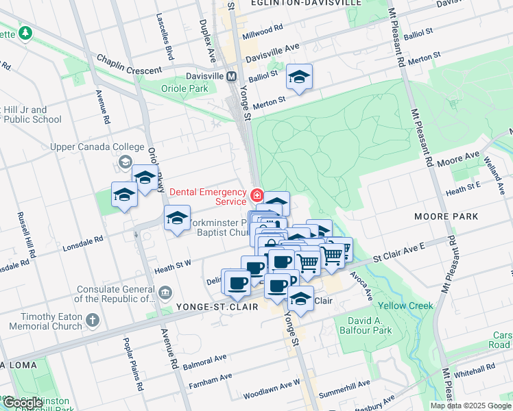 map of restaurants, bars, coffee shops, grocery stores, and more near 1650 Yonge Street in Toronto