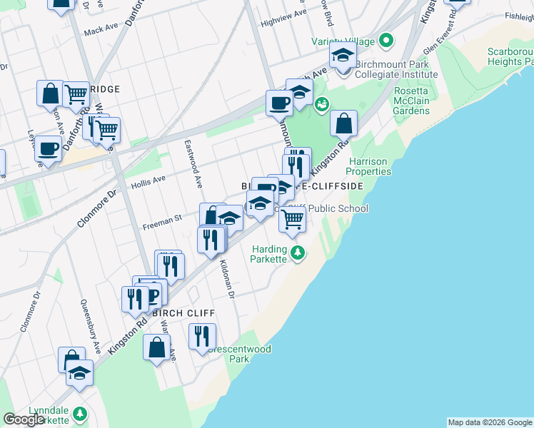 map of restaurants, bars, coffee shops, grocery stores, and more near 1668 Kingston Road in Toronto