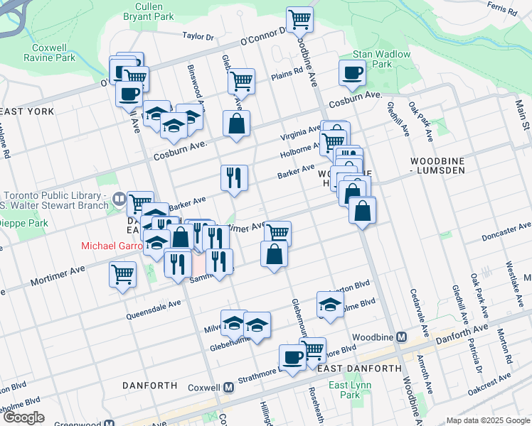 map of restaurants, bars, coffee shops, grocery stores, and more near Glebemount Avenue in Toronto