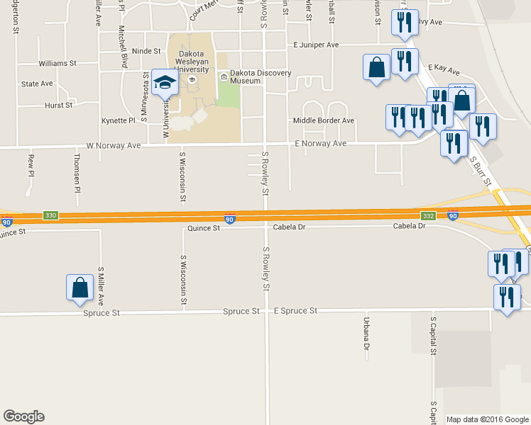 map of restaurants, bars, coffee shops, grocery stores, and more near Highway 37 in Mitchell