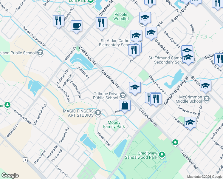 map of restaurants, bars, coffee shops, grocery stores, and more near in Brampton