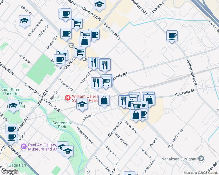 map of restaurants, bars, coffee shops, grocery stores, and more near 48 Kennedy Road South in Brampton