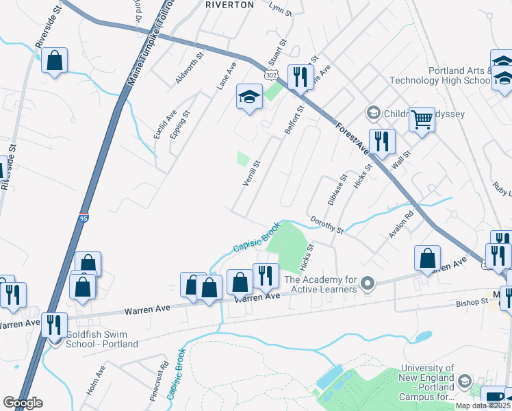map of restaurants, bars, coffee shops, grocery stores, and more near 144 Belfort Street in Portland