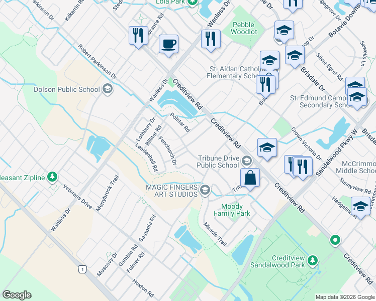 map of restaurants, bars, coffee shops, grocery stores, and more near Allium Road in Brampton