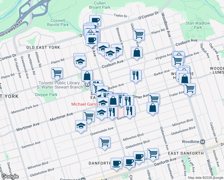 map of restaurants, bars, coffee shops, grocery stores, and more near 24 Fairside Avenue in Toronto