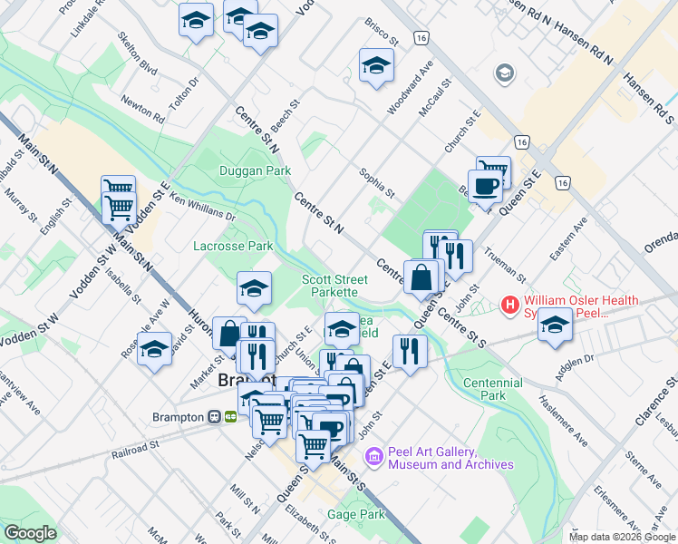 map of restaurants, bars, coffee shops, grocery stores, and more near 60 Scott Street in Brampton