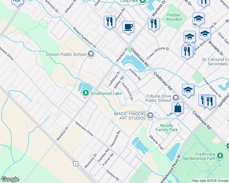 map of restaurants, bars, coffee shops, grocery stores, and more near 17 Leadenhall Road in Brampton