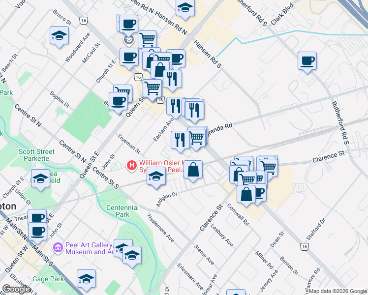map of restaurants, bars, coffee shops, grocery stores, and more near 62 McCallum Court in Brampton